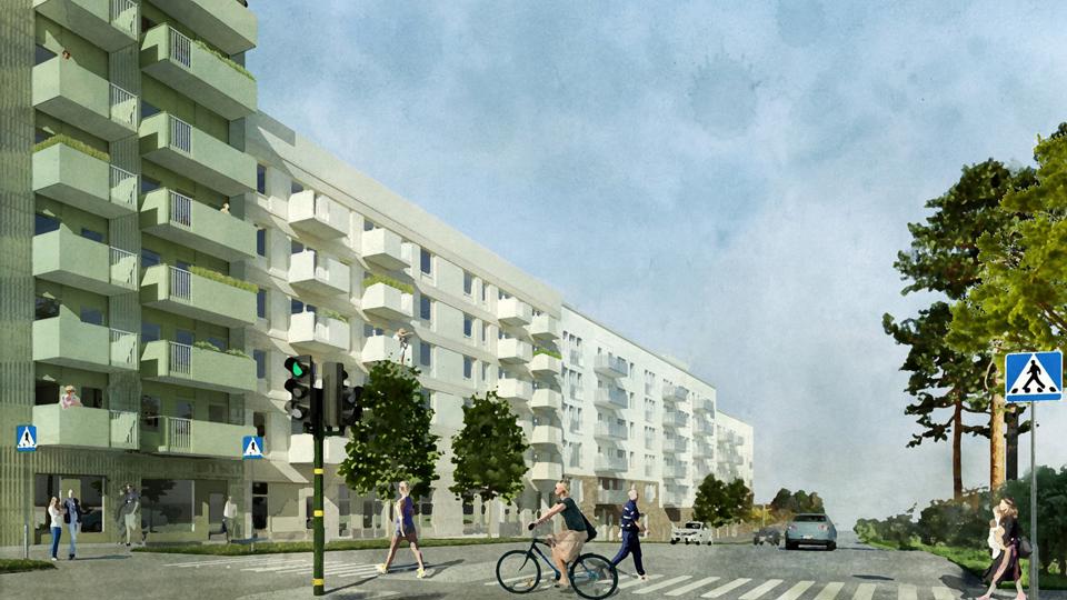 Flerbostadshus i gröna och vita nyanser längs en gata. Balkonger frontar ut mot gatan. Övergångsställe med rödljus. Människor och biltrafik i rörelse. Illustration